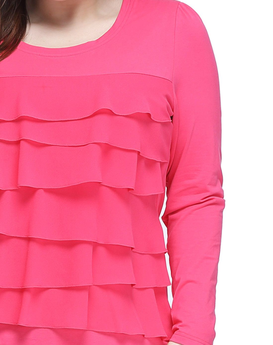 深桃红色拼接气质长袖t恤