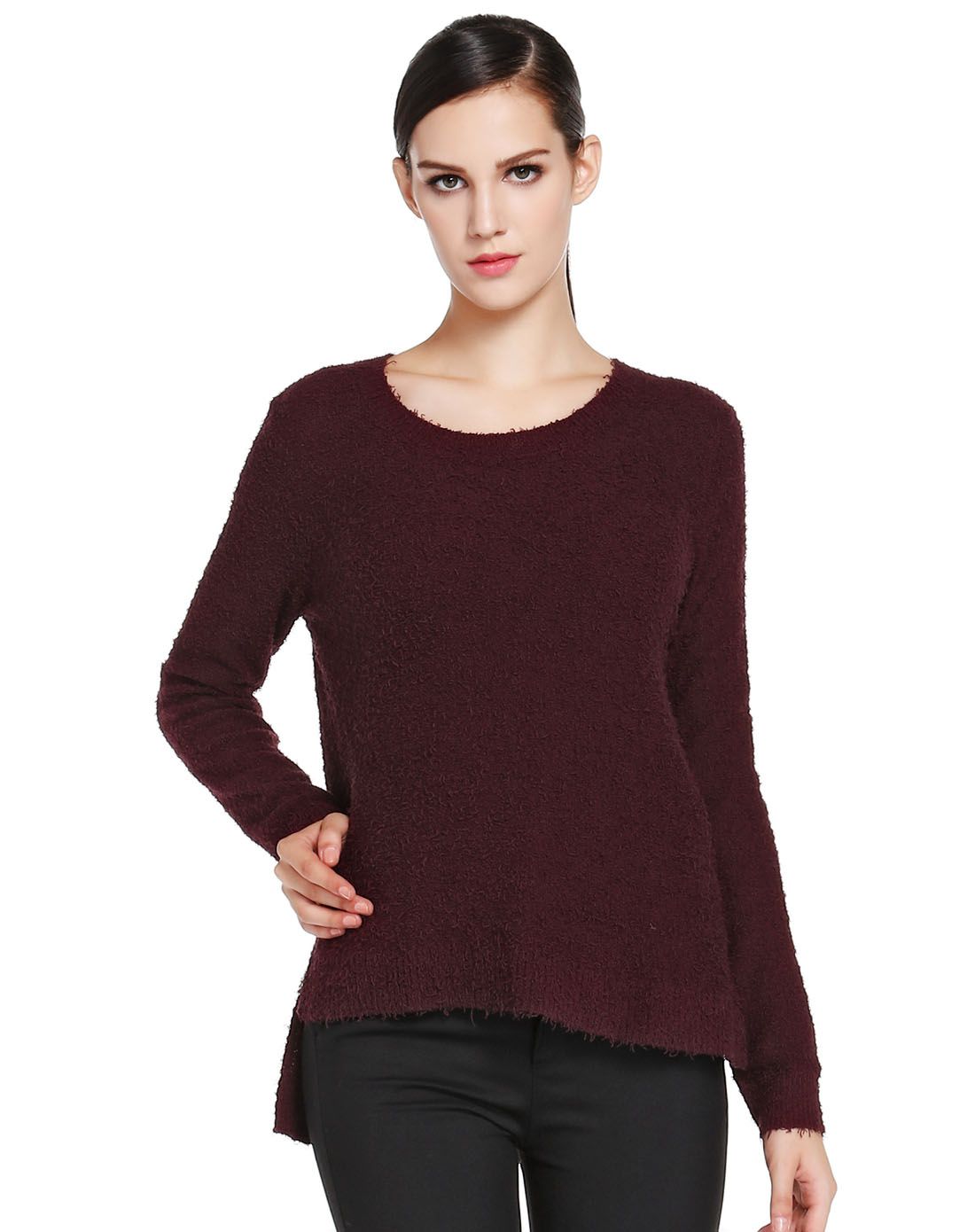 暗酒红色简洁舒适基本款休闲长袖针织衫