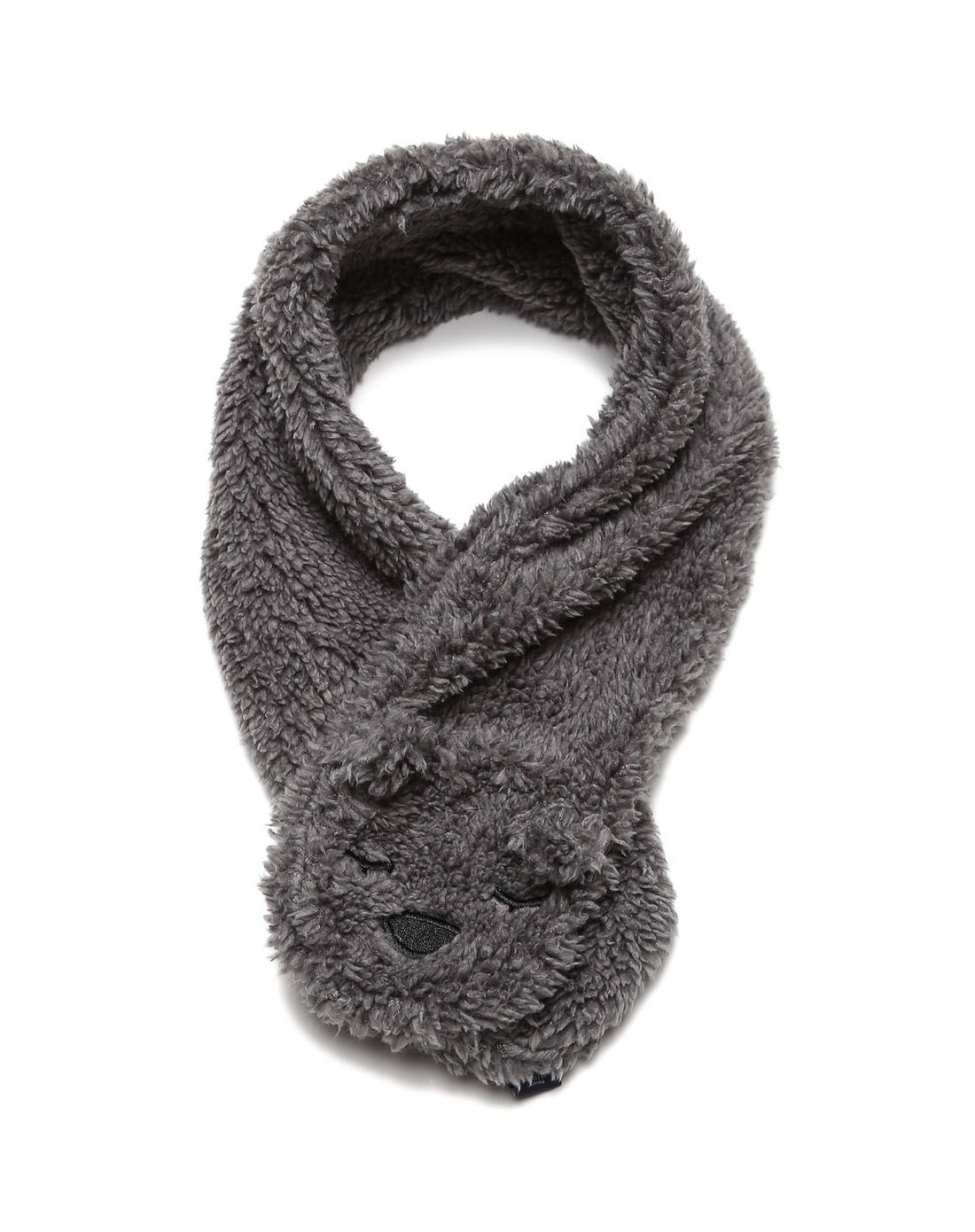 女幼童深青灰色小熊头造型珊瑚绒围巾