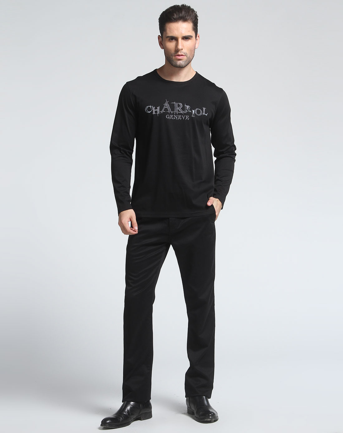 夏利豪charriol男装专场-黑色印花时尚长袖t恤