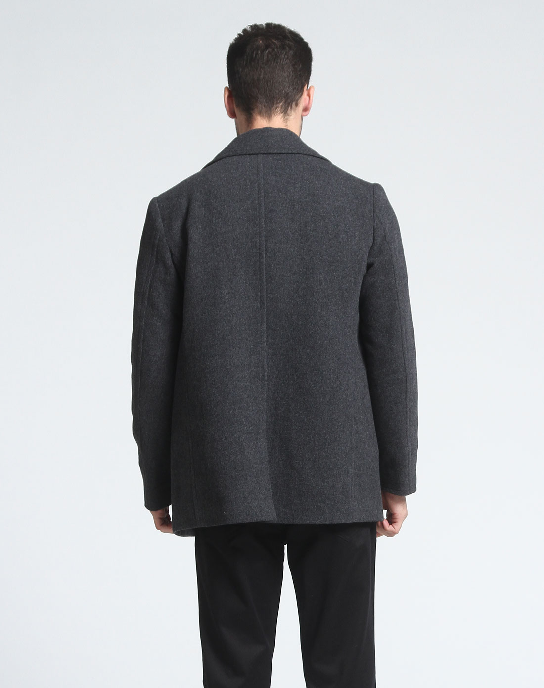 炭灰色翻领开襟绒面长袖大衣