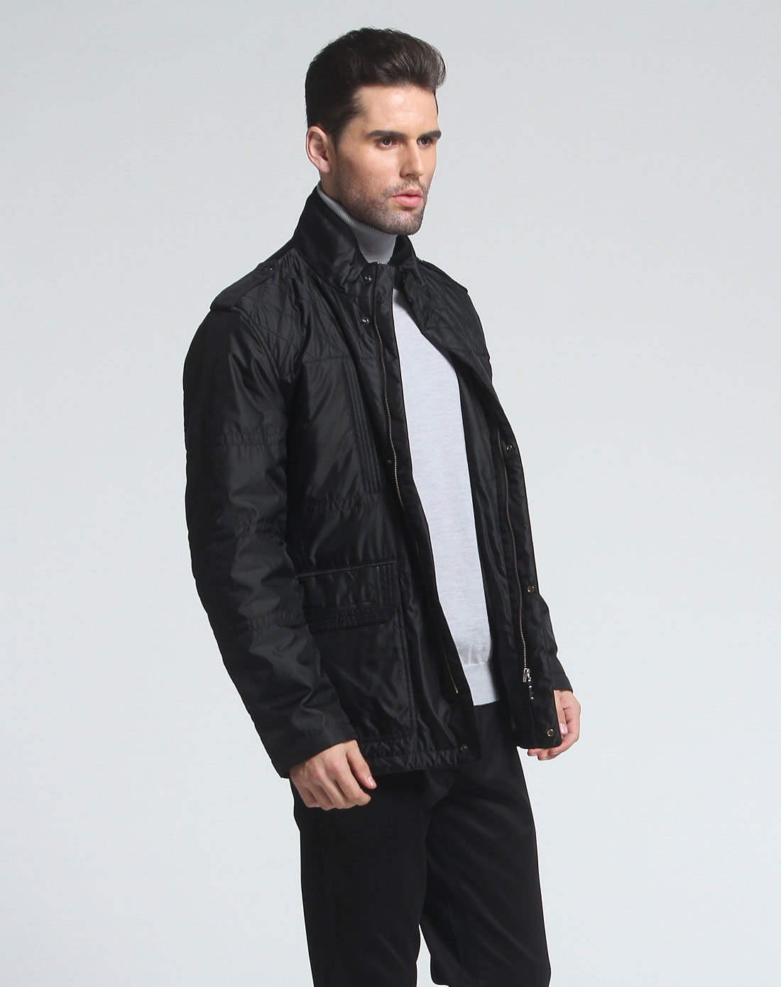 夏利豪charriol男装专场-黑色时尚简约长袖棉褛