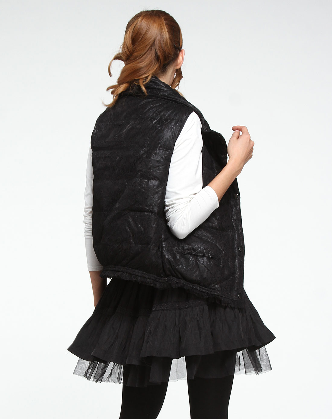 艾米拉aimila女装专场 黑色立领蕾丝拼贴两面穿羽绒马甲