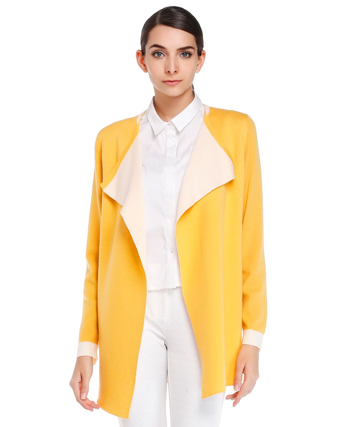 黄色亮丽开襟长袖针织衫外套