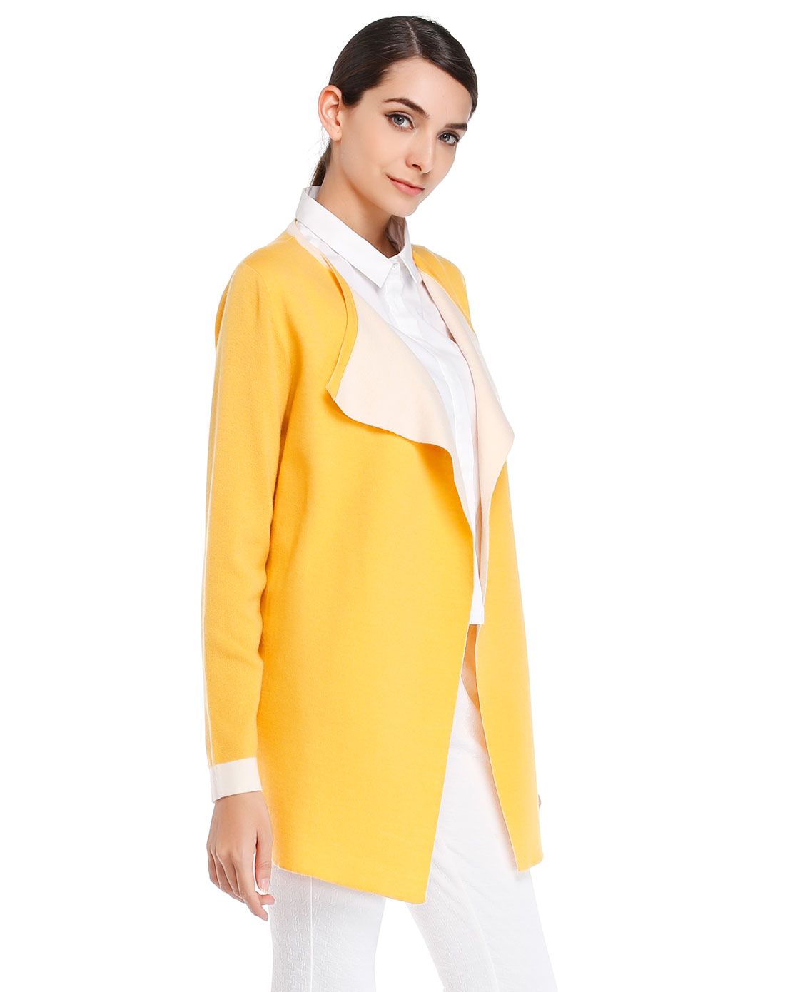 黄色亮丽开襟长袖针织衫外套