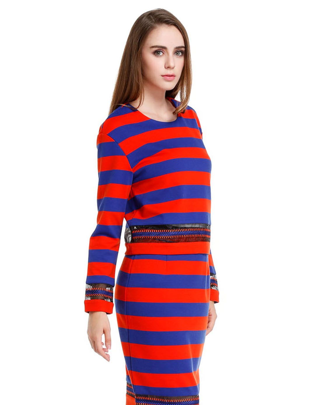 米可芭纳mikibana蓝/橘红色条纹拼接长袖上衣m44ts1492b39_唯品会