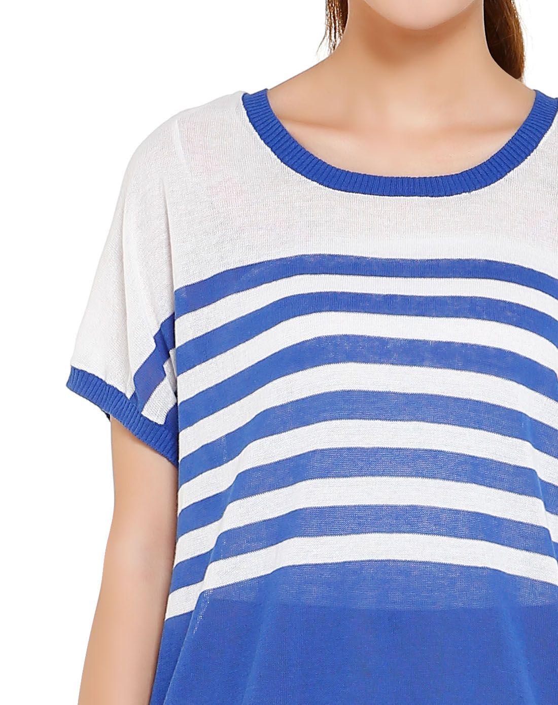 白/蓝色条纹舒适盖肩袖针织衫