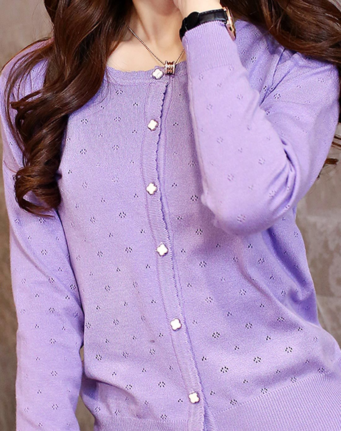 浅紫色花型镂空空调针织小开衫