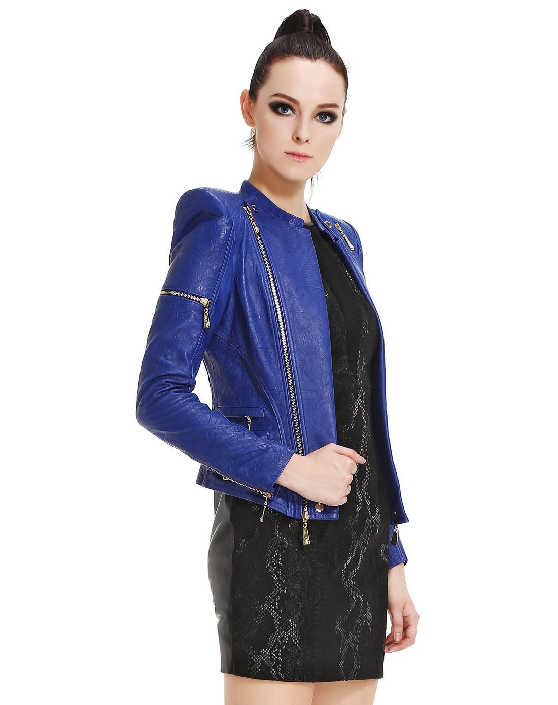 kodice宝蓝色个性时尚长袖皮衣