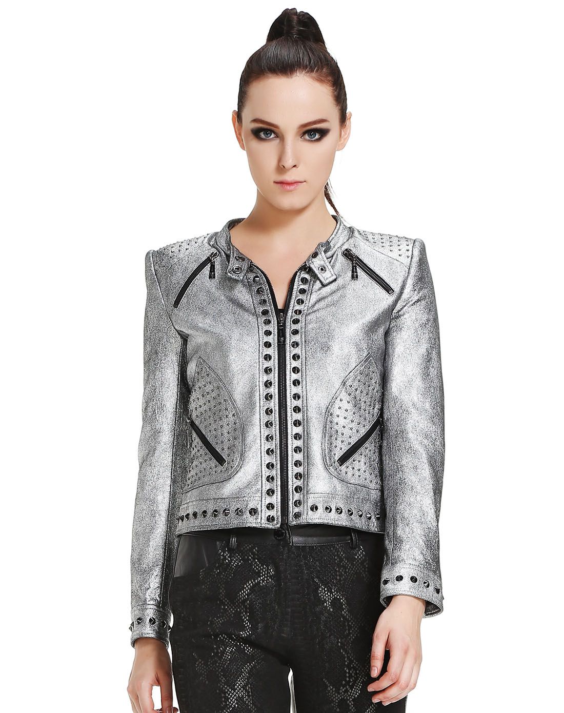 马天奴旗下女装皮草kodice银色朋克风铆钉长袖皮衣kdr0343201-693