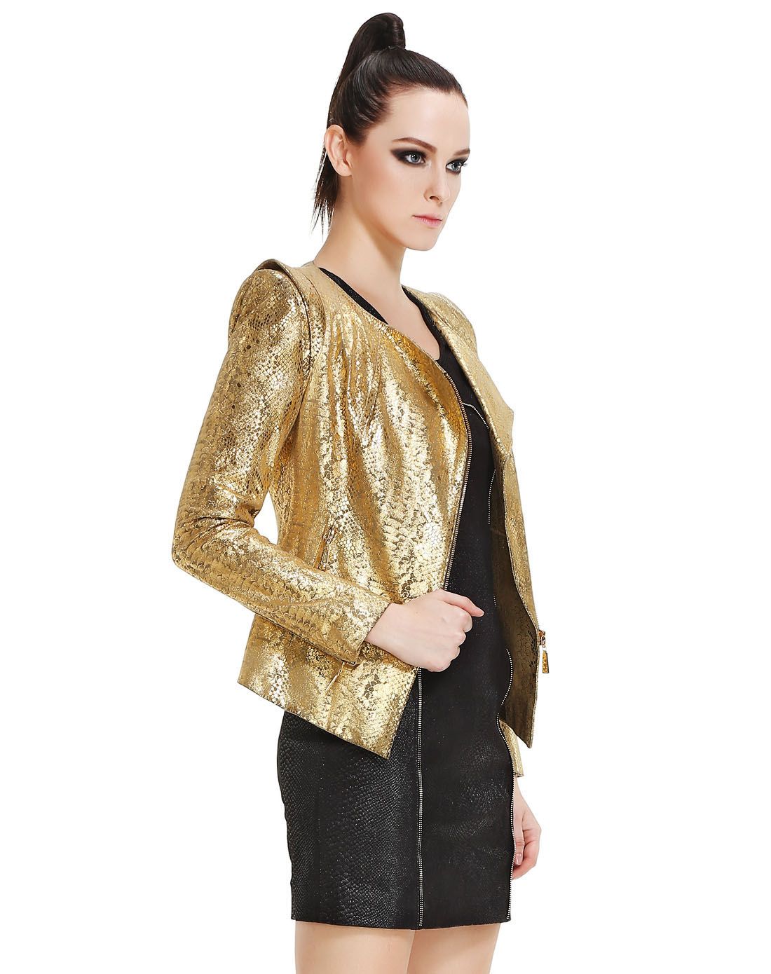 kodice金黄色斜拉链潮流长袖皮外套