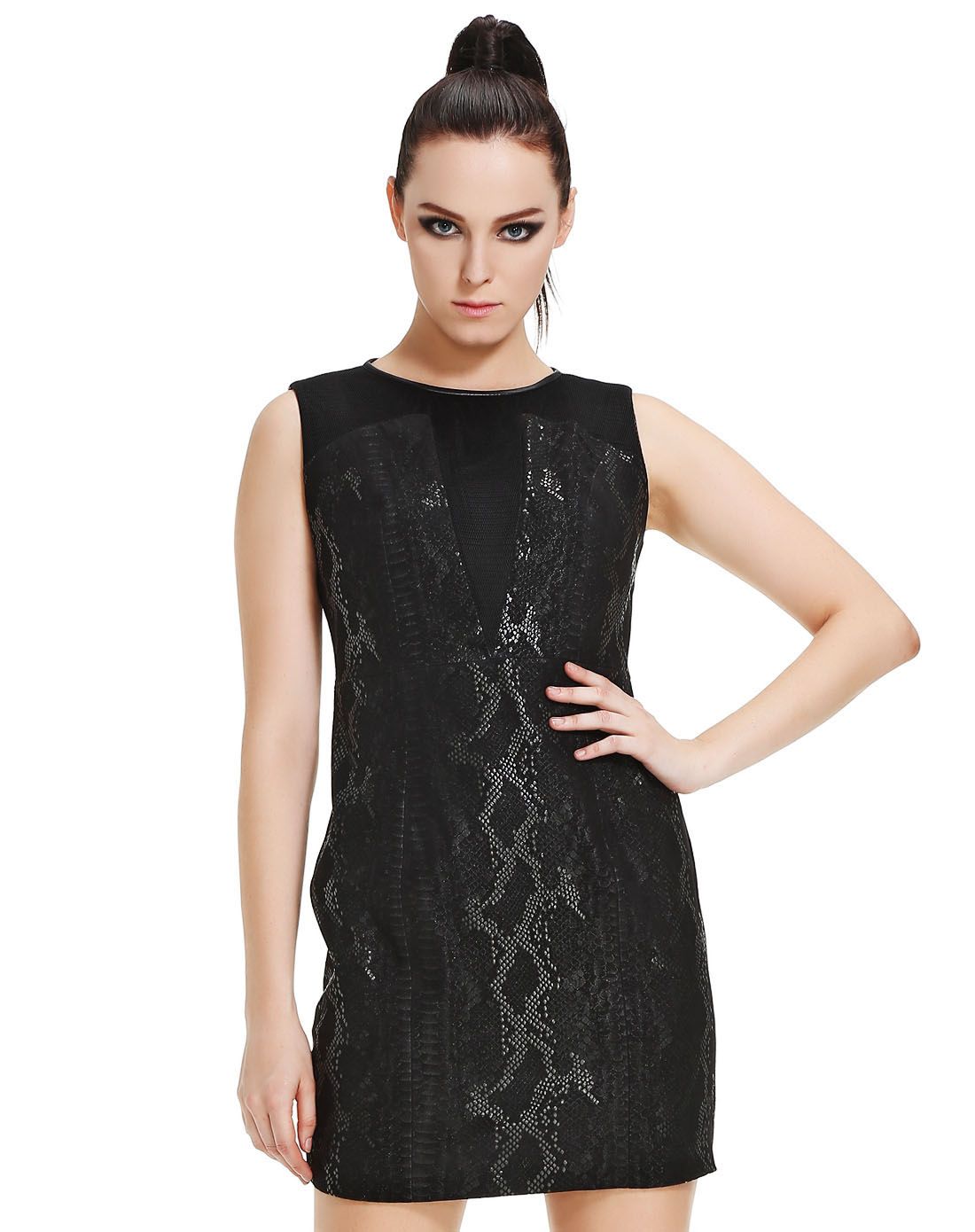 马天奴旗下女装皮草kodice黑/暗绿色网面拼皮无袖连衣裙ksa113lc1-852