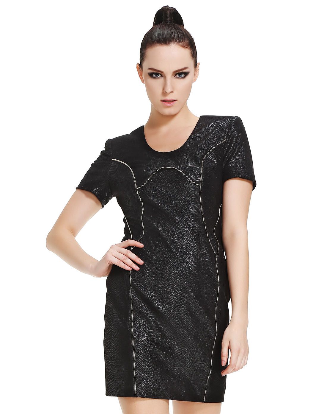 马天奴旗下女装皮草kodice黑色时髦短袖皮连衣裙ksa302lc2-788_唯品会