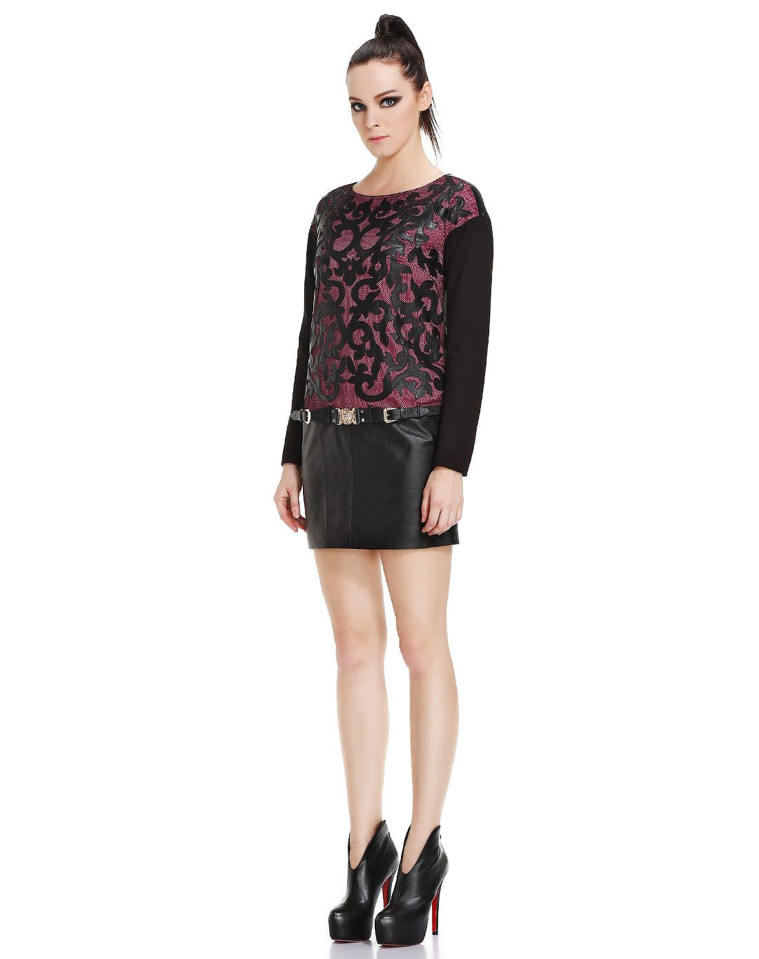 马天奴旗下女装皮草kodice玫红/黑色雅致时尚长袖连衣裙ksa406lc1-726