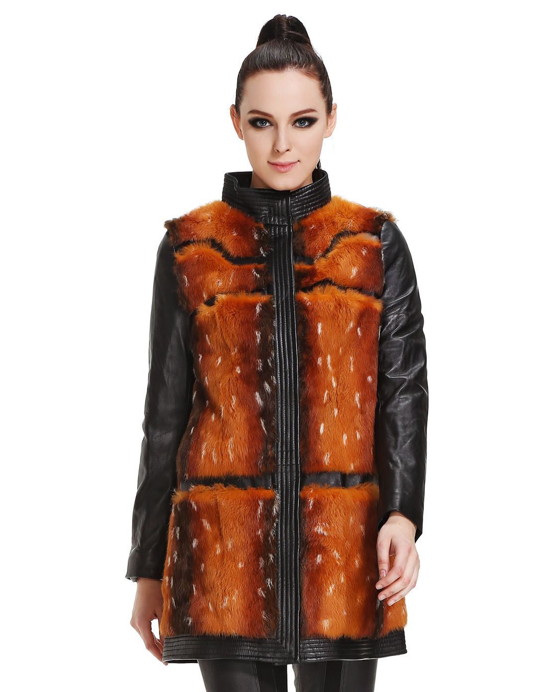 kodice黑/棕色拼接潮流时尚长袖皮外套