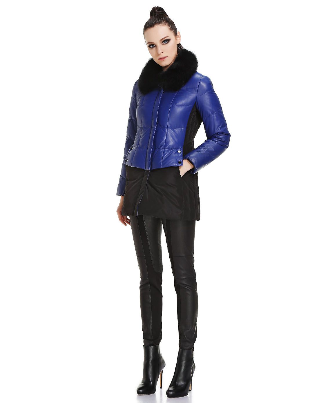kodice宝蓝/黑色都市大气长袖皮羽绒服