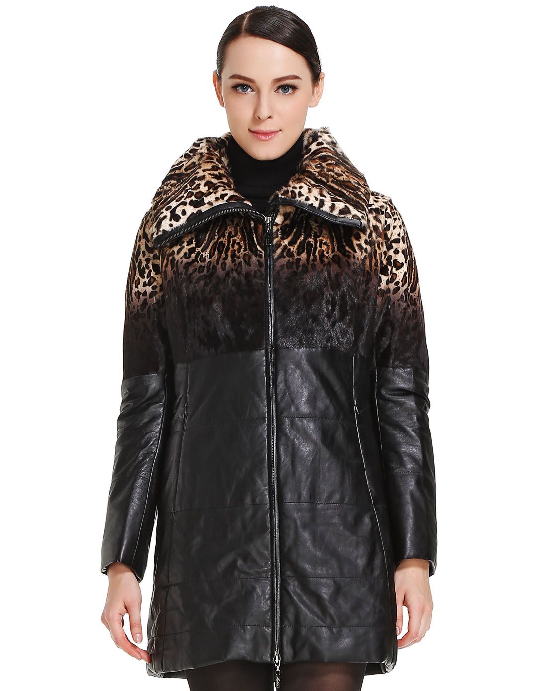 马天奴旗下女装皮草马天奴黑/卡其色欧美时尚长袖皮外套mba4016271110