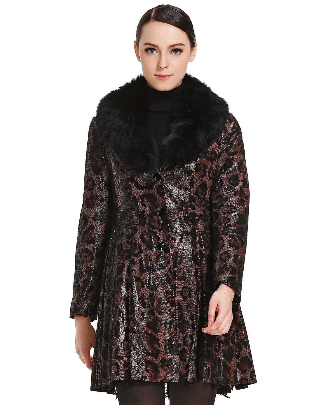 马天奴旗下女装皮草马天奴棕/黑色奢华大气长袖中长款皮衣mdr