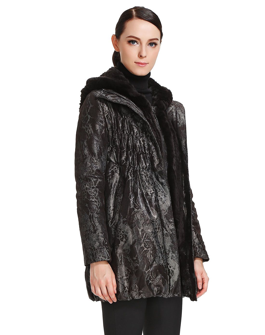 马天奴旗下女装皮草马天奴深啡色大气连帽长袖皮衣mdr3178281970_唯品