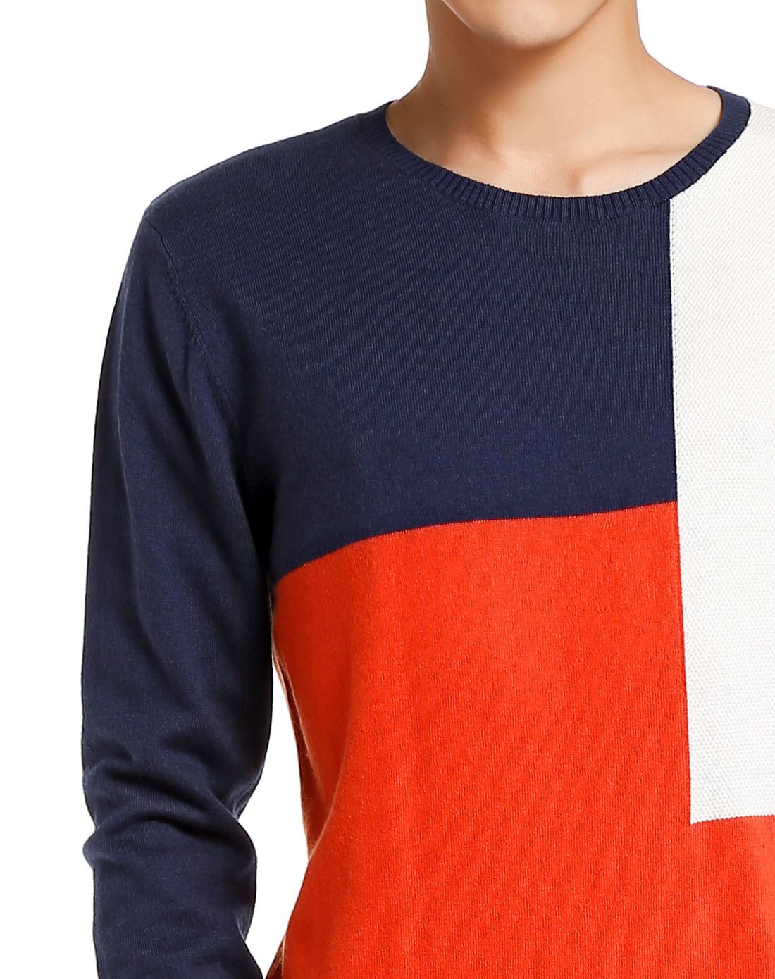 美特斯邦威metersbonwe深蓝/橙色圆领拼接时尚长袖针织衫22801080