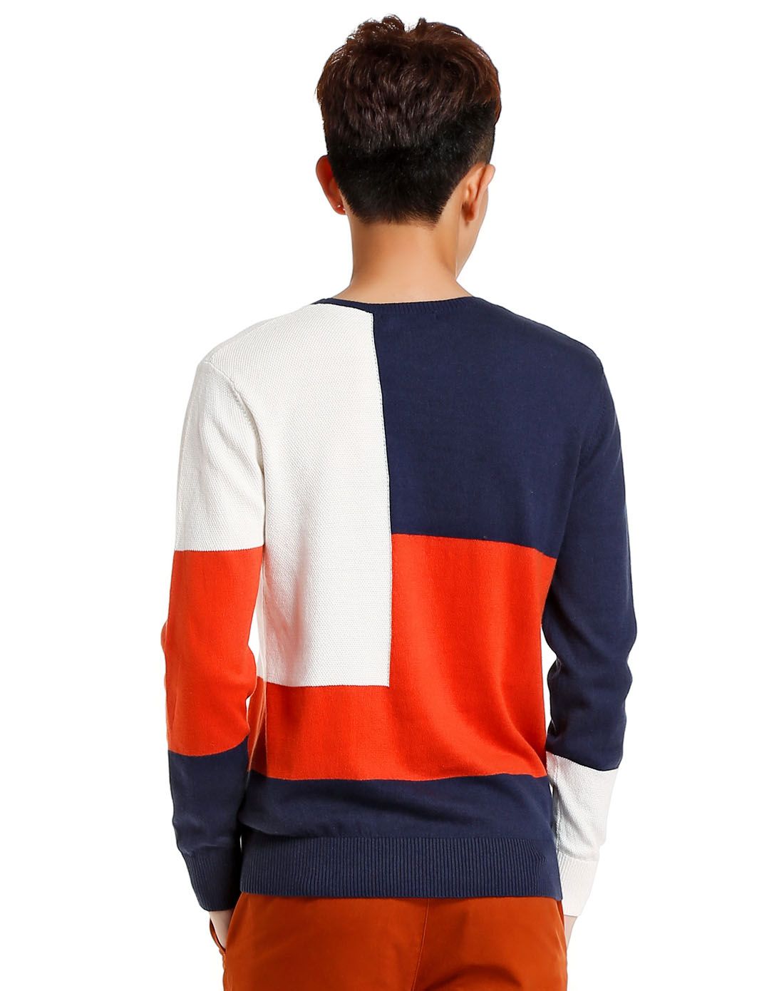 美特斯邦威metersbonwe深蓝/橙色圆领拼接时尚长袖针织衫22801080