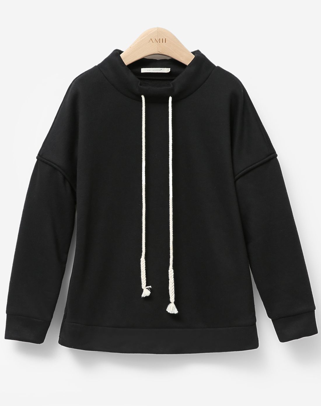 暮黑宽松加厚高领抽绳落肩袖卫衣