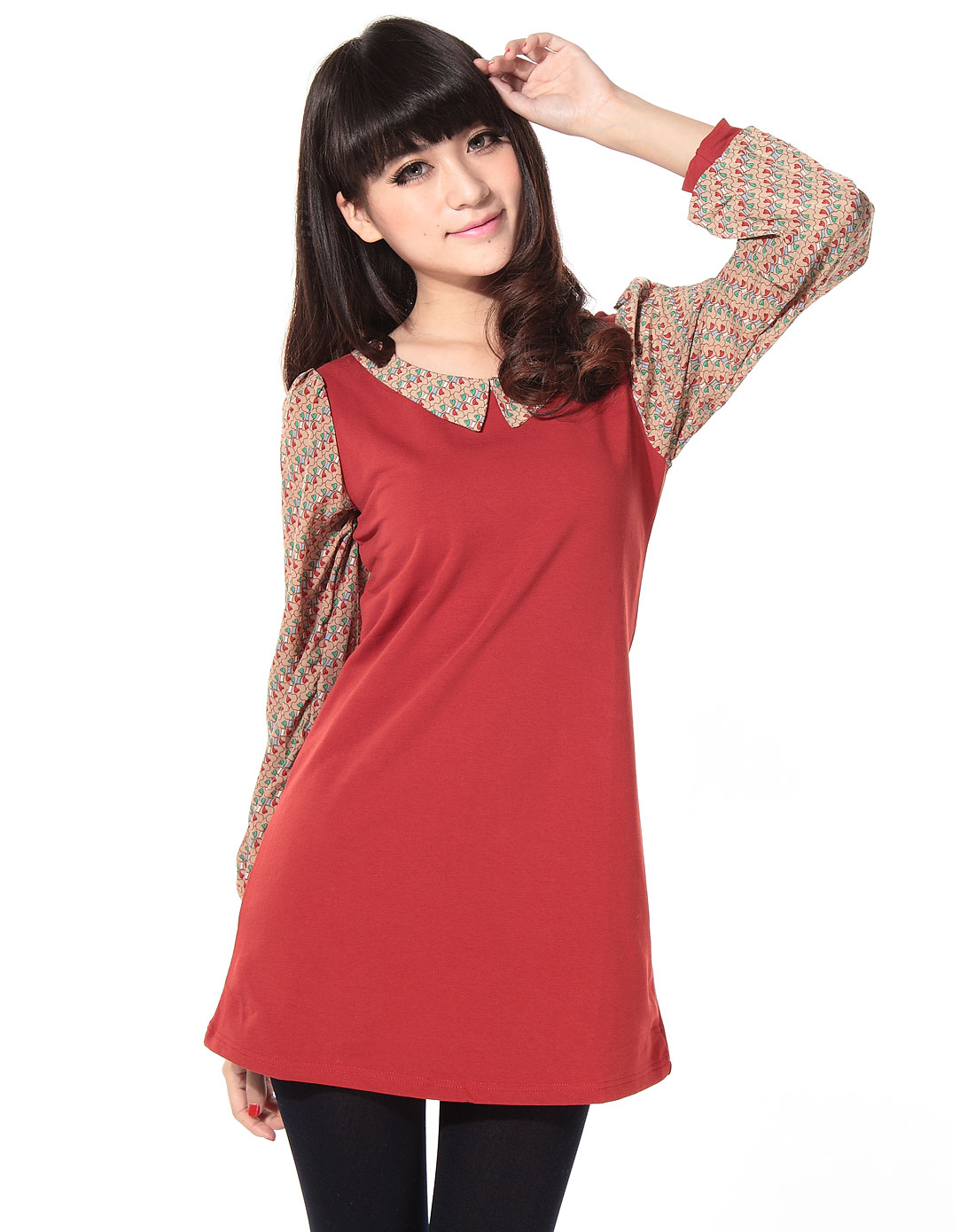 棕红色优雅拼接长袖上衣