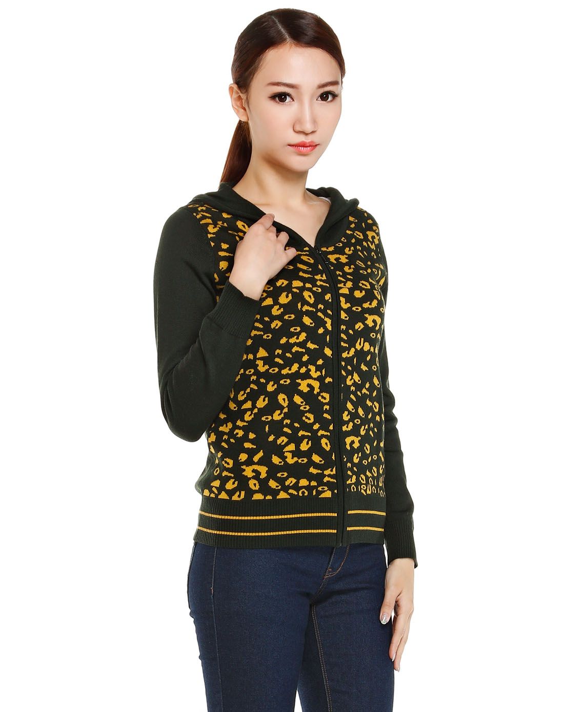 莱姿rojrover深绿/黄色醒目舒适长袖开襟毛衫wqeq340da_唯品会