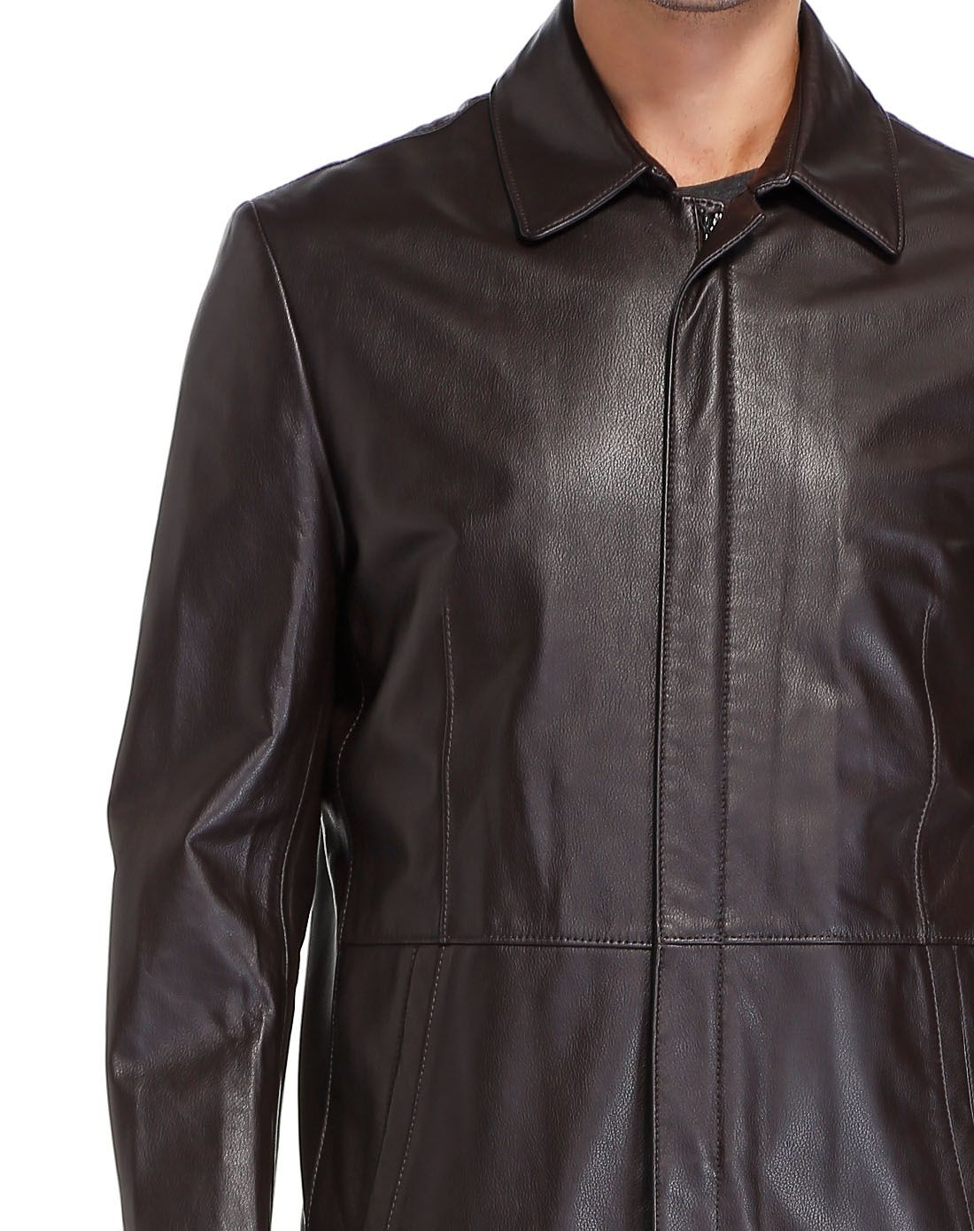 暗深棕色魅力大气长袖皮衣