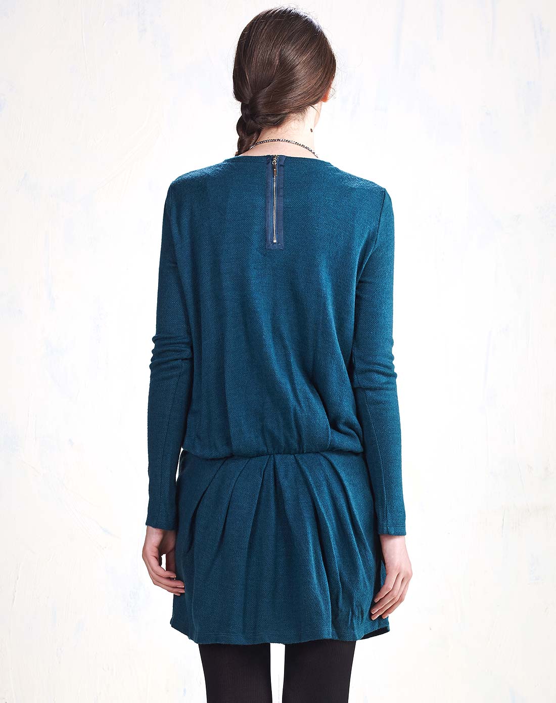 深湖蓝色成熟简约长袖针织连衣裙