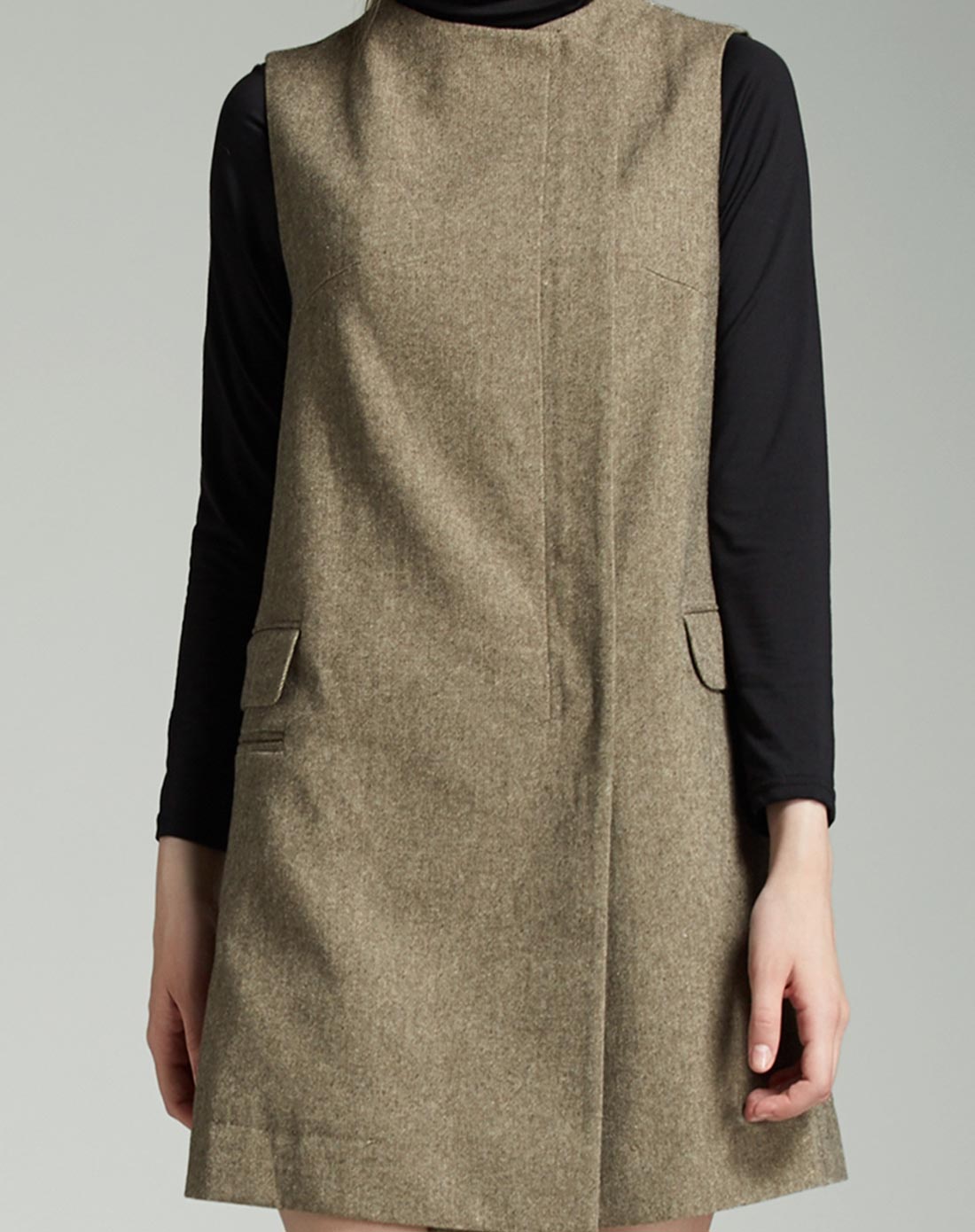 绿咖色斜纹粗纺毛呢帅气风衣式连衣裙