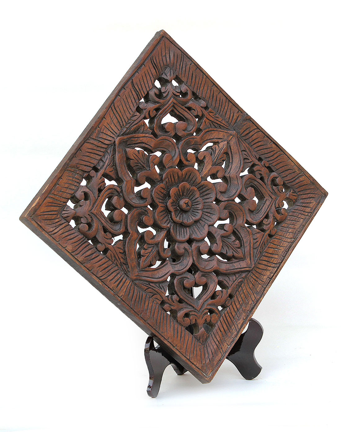 泰国芒果木正方形镂空雕刻摆件03