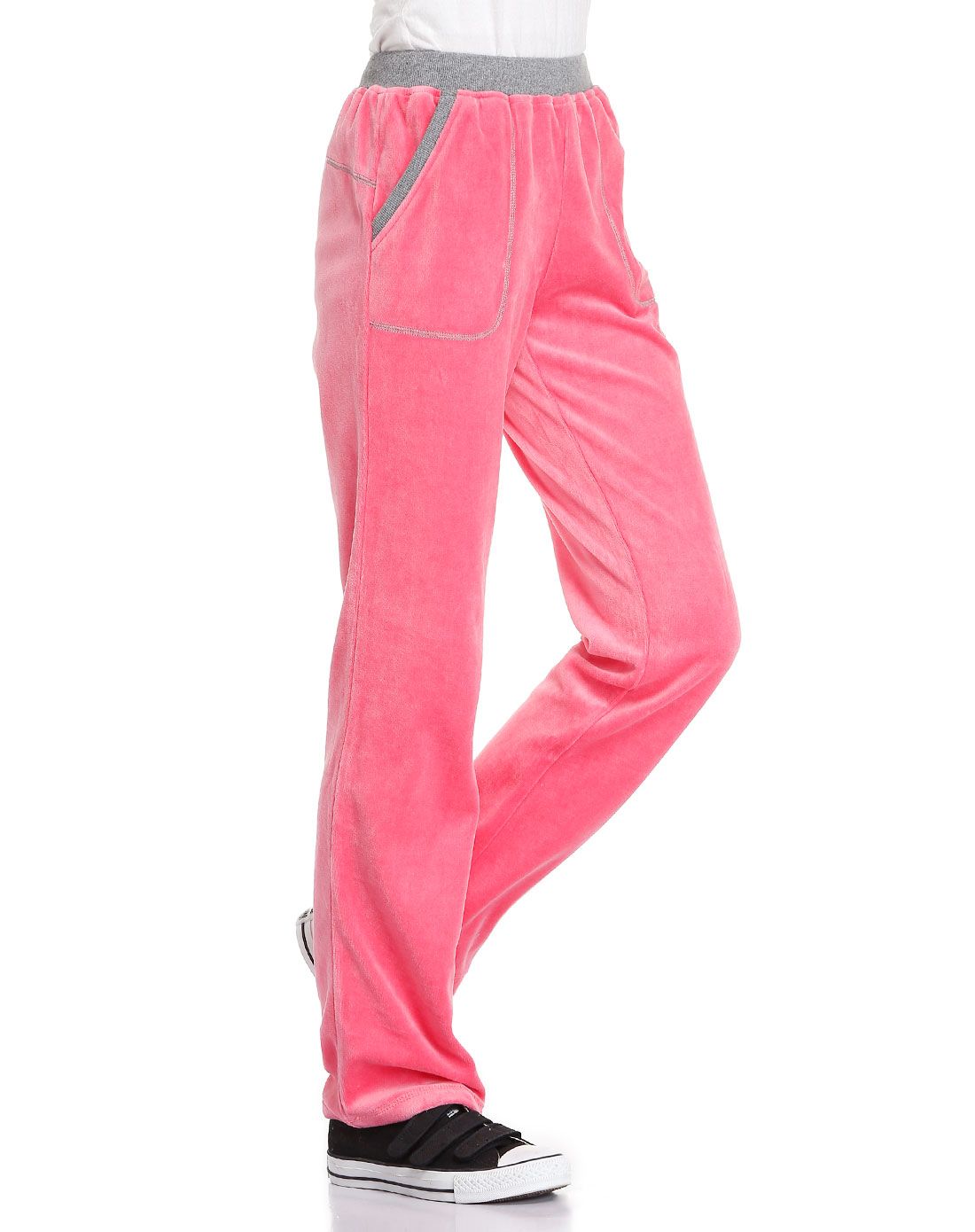 透湿柔软 女款桃红色针织长裤 舒适轻质