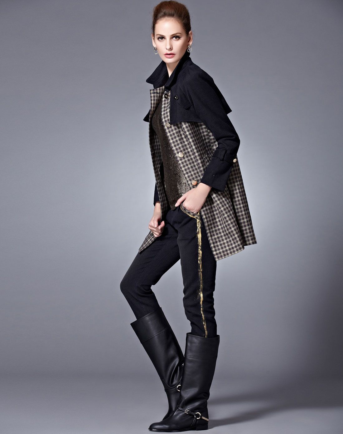 咖啡色欧美修身英伦单排扣风衣格子外套