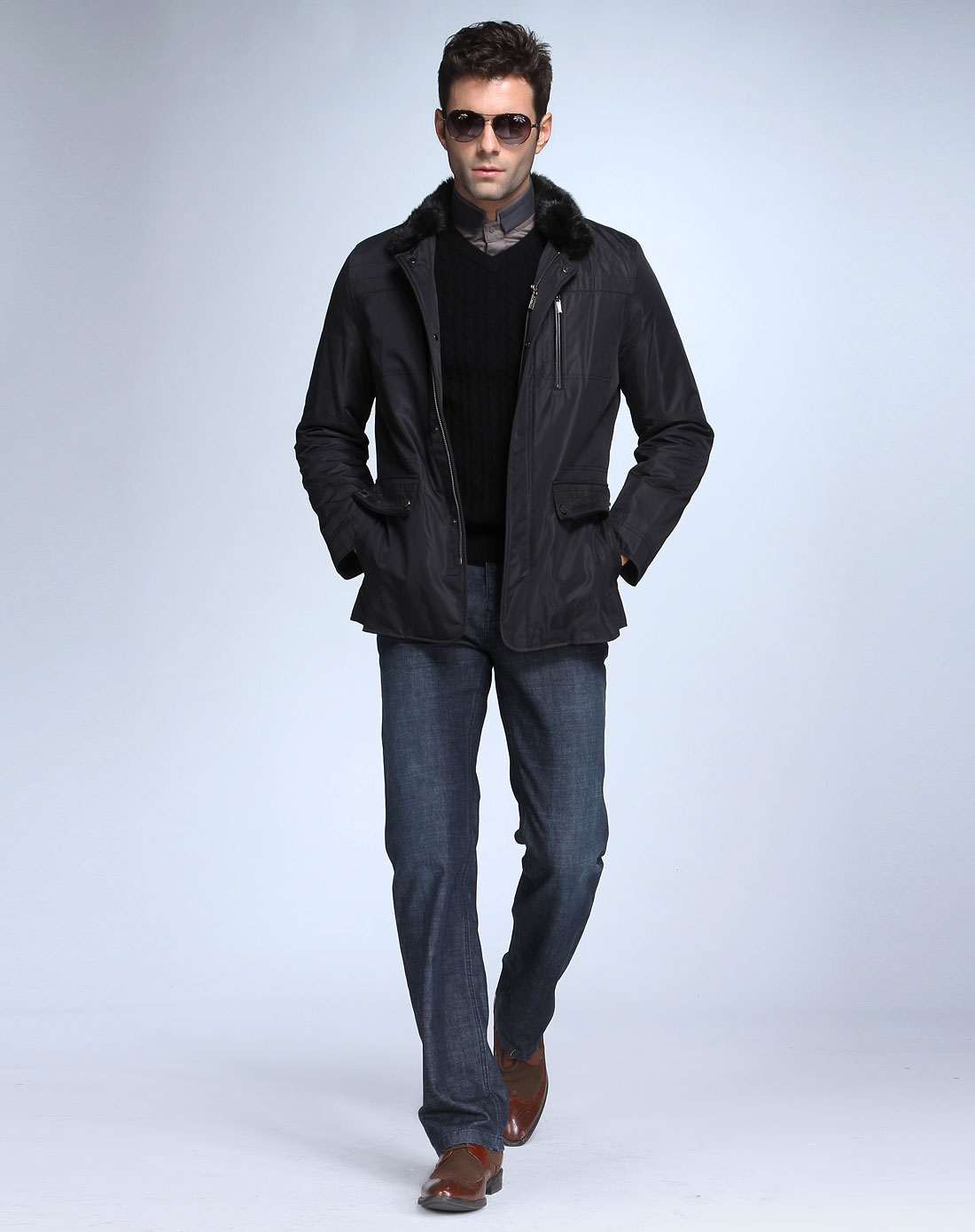 金利来goldlion-sport男装专场-黑色简约时尚长袖尼克服