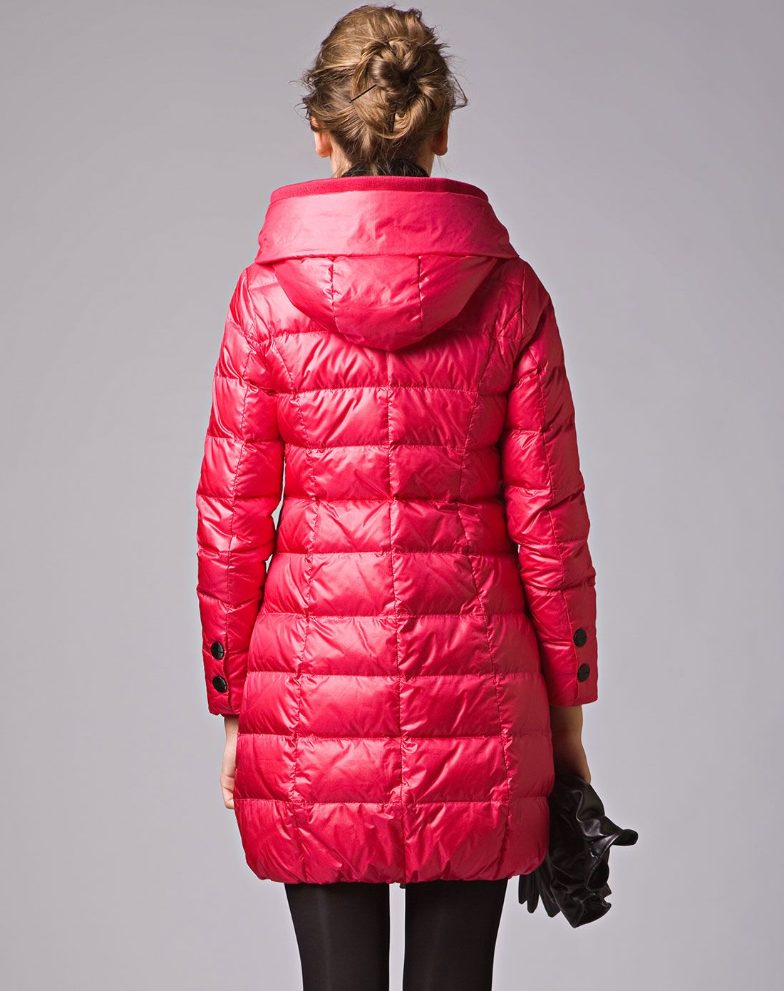 女款玫红色简约时尚长袖中长款羽绒服