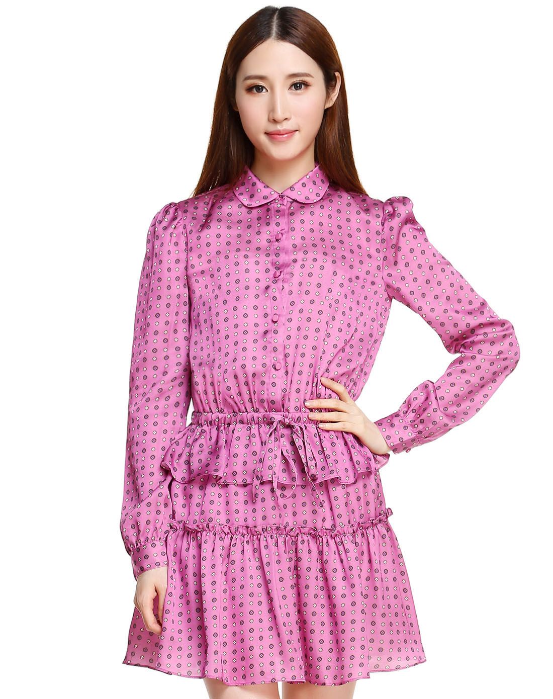 浅紫红色时尚印花长袖连衣裙