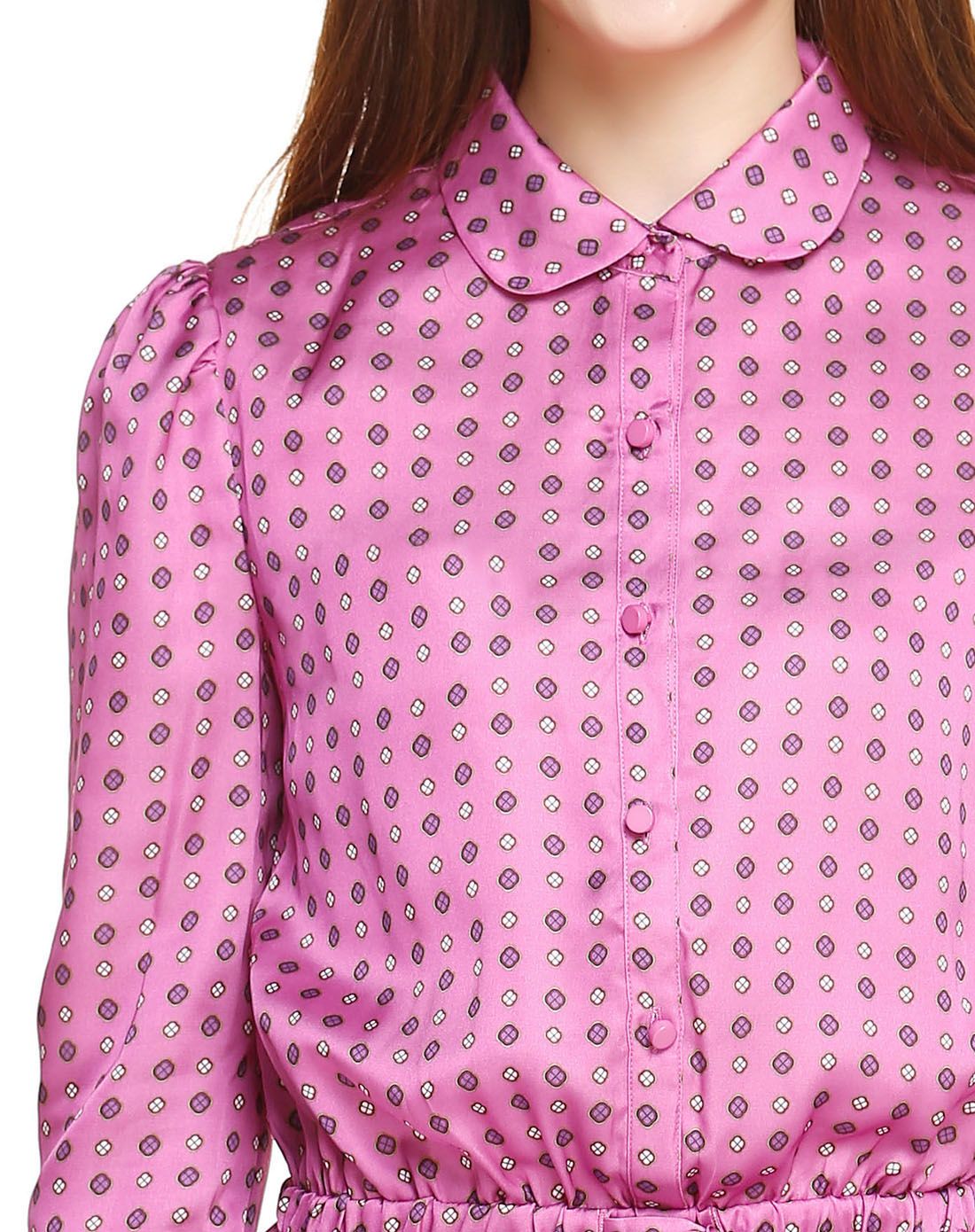 浅紫红色时尚印花长袖连衣裙