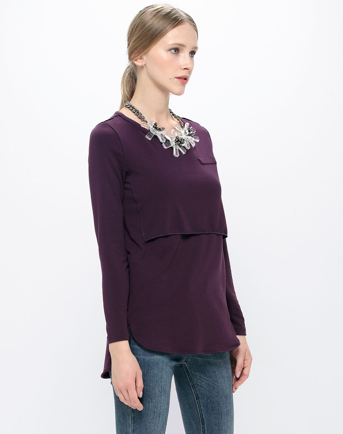 葡萄紫简约时尚长袖t恤