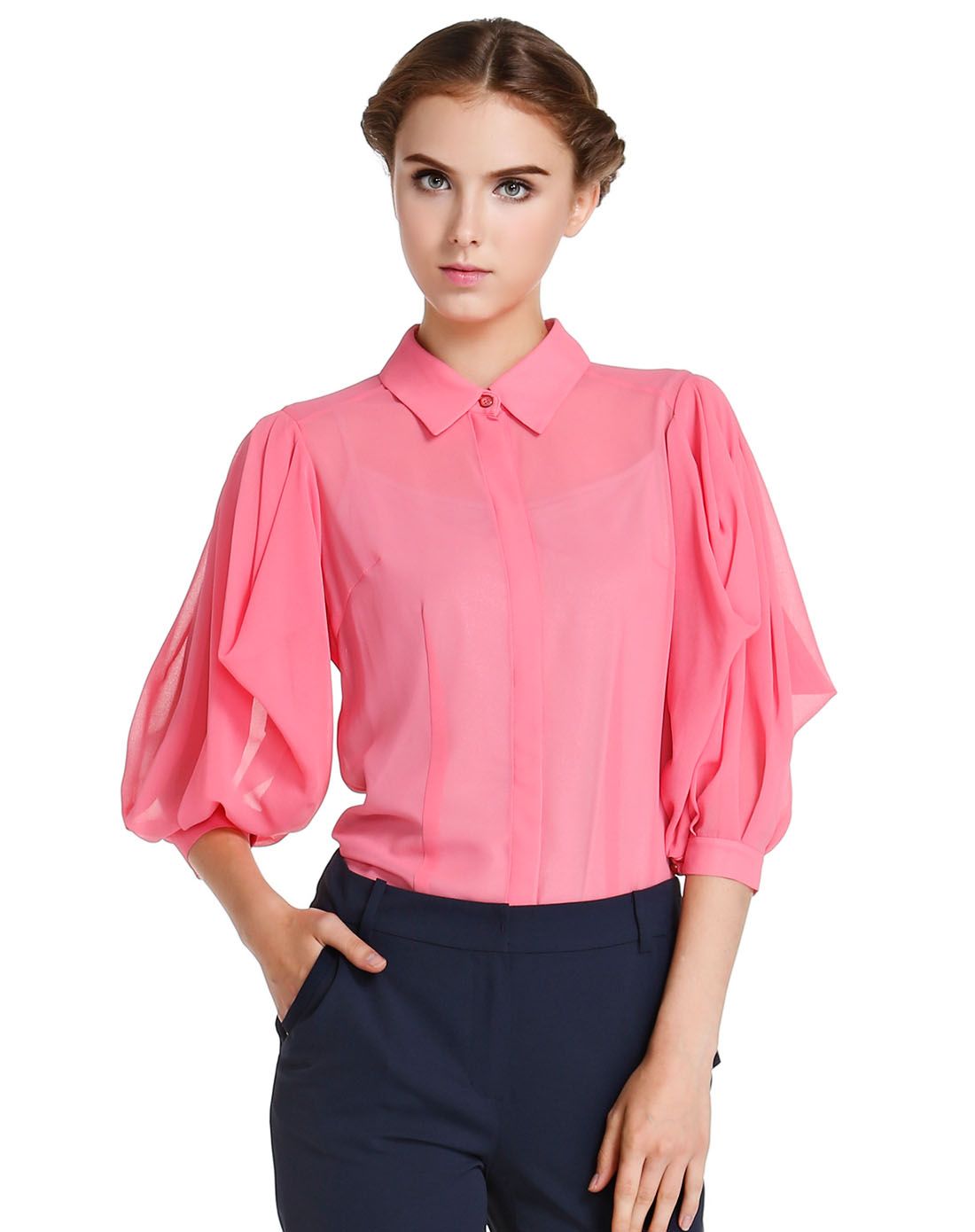 莱茵深粉色雪纺开襟上衣