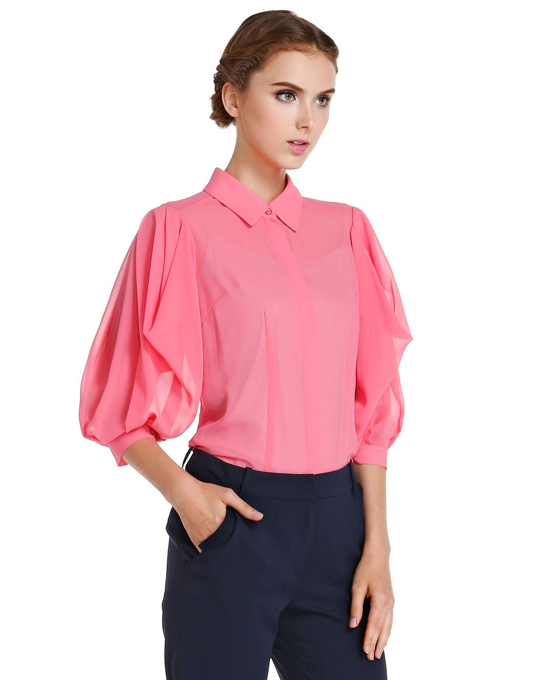 莱茵深粉色雪纺开襟上衣