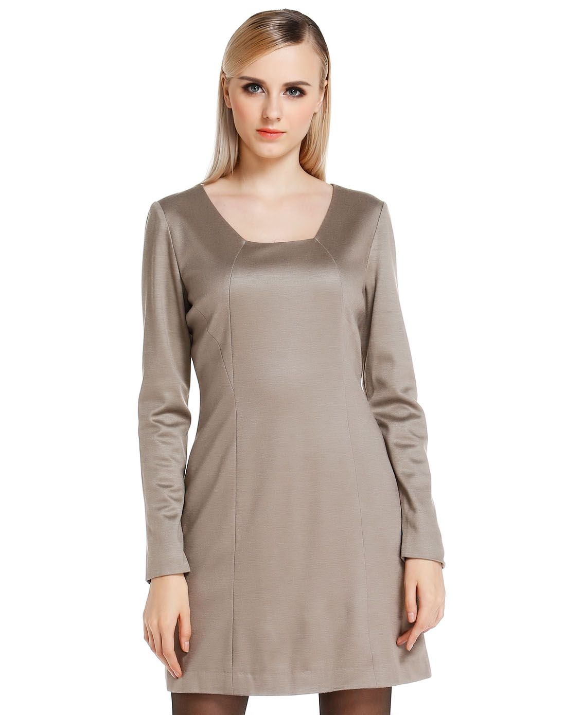 灰咖啡色典雅修身长袖连衣裙