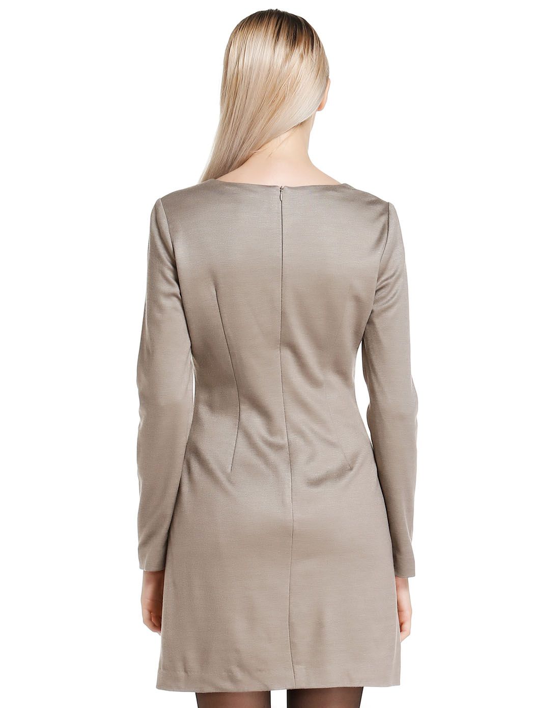 灰咖啡色典雅修身长袖连衣裙