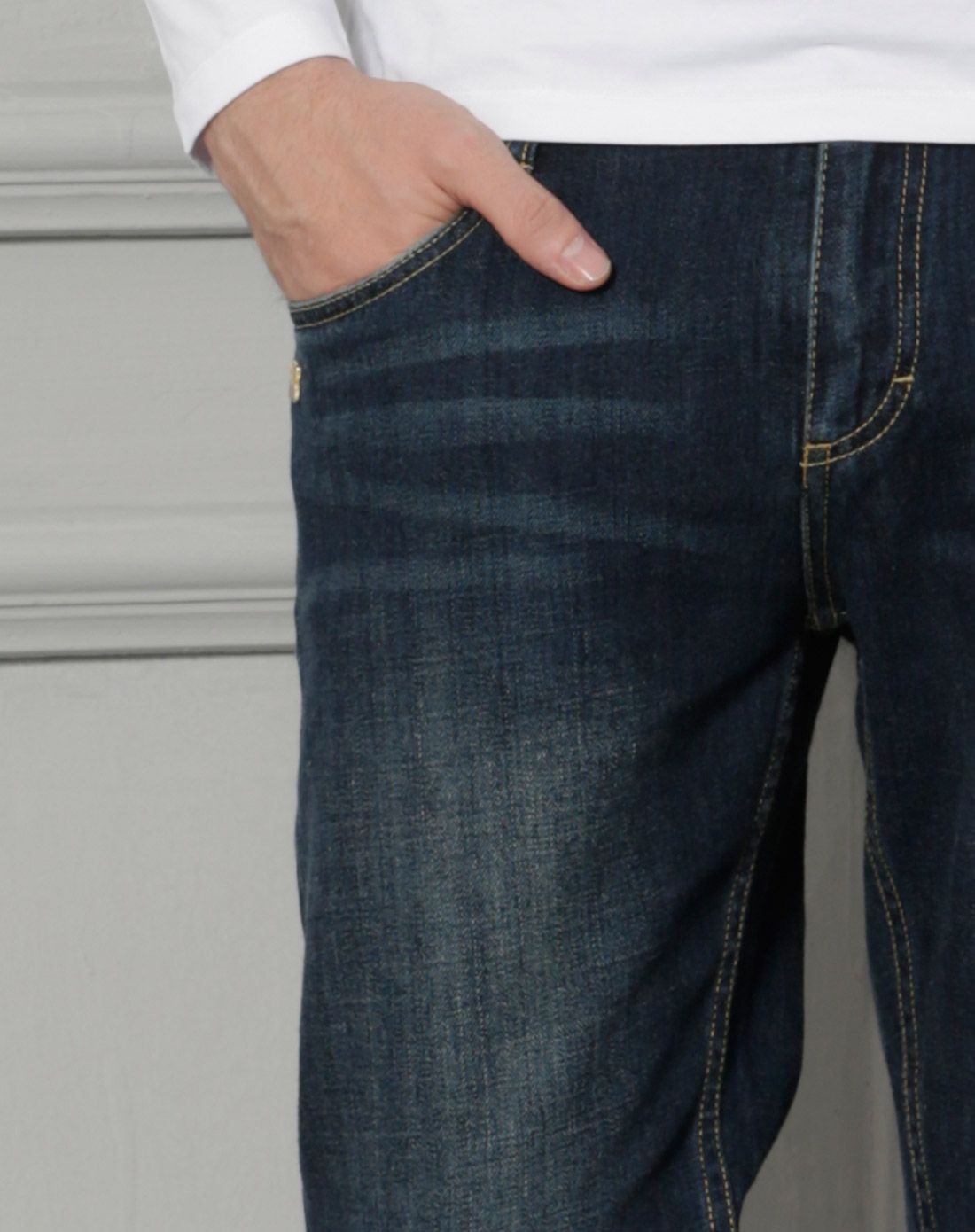 威杰思vjc深蓝色简约时尚中腰牛仔长裤b13do341021_唯品会