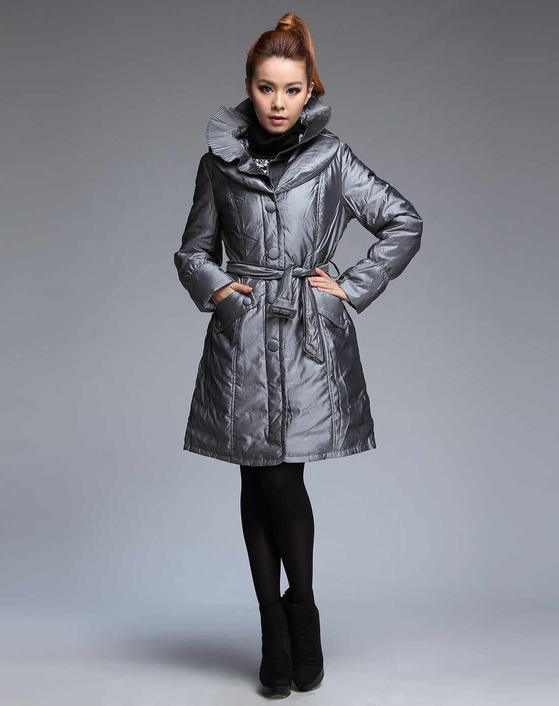 东隆donglong羽绒服专场-银灰色双领单排扣个性长袖羽绒服