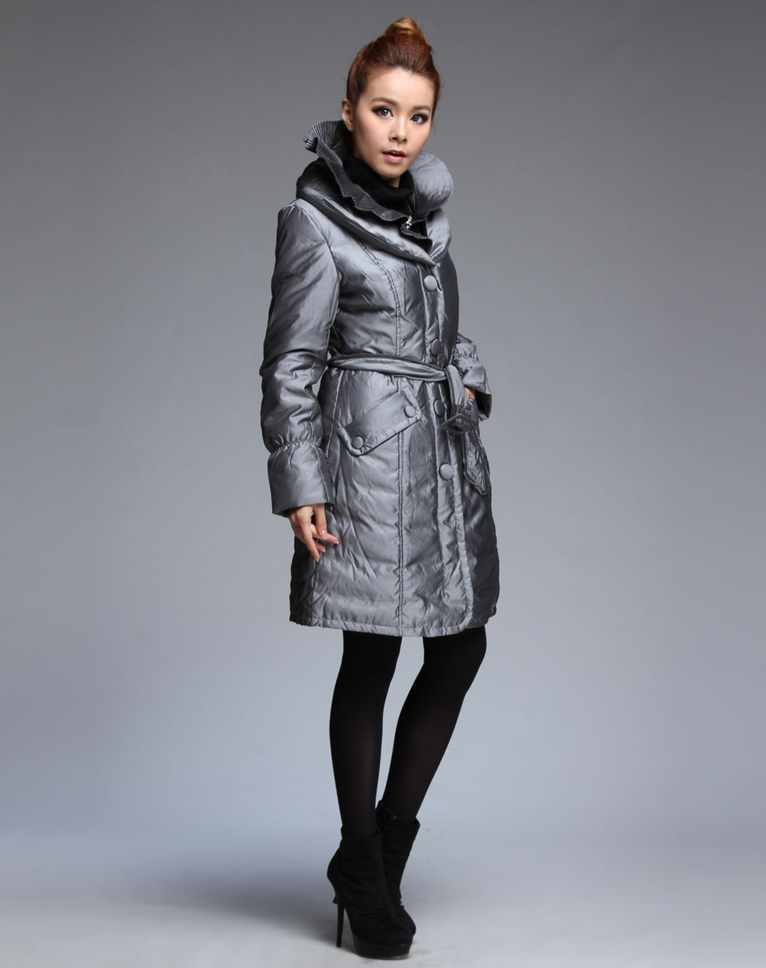 东隆donglong羽绒服专场-银灰色双领单排扣个性长袖羽绒服