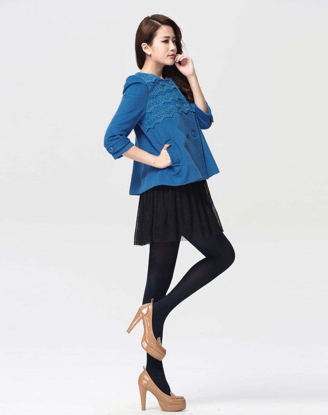 秋水伊人女装专场-蓝色长袖短大衣