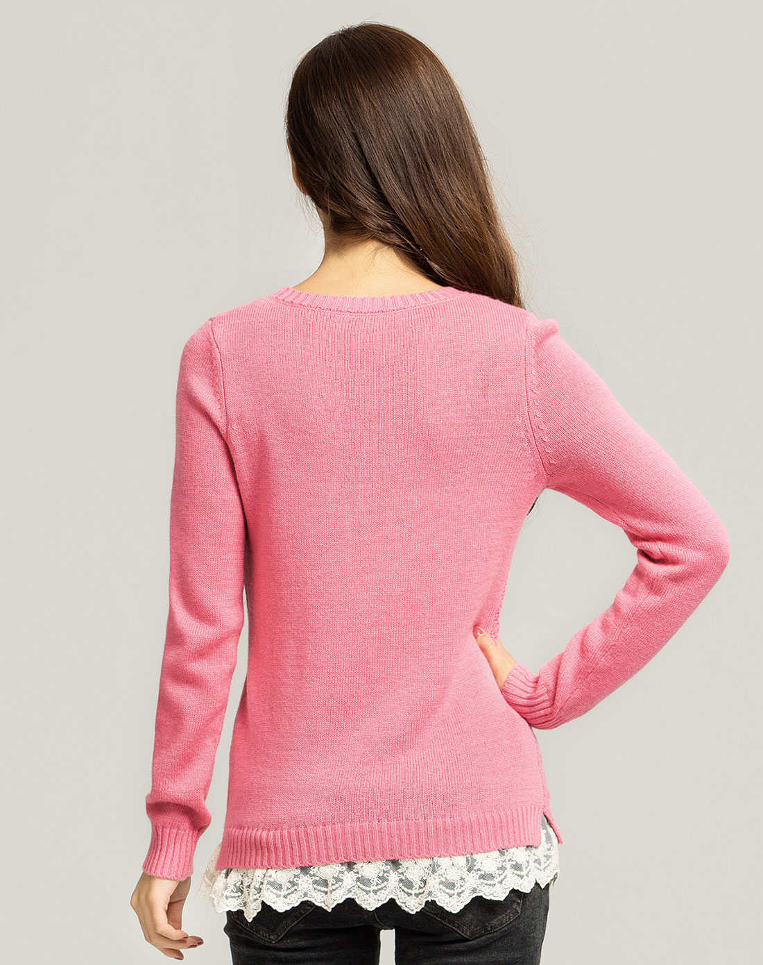 浅玫红色扭花时尚长袖针织衫