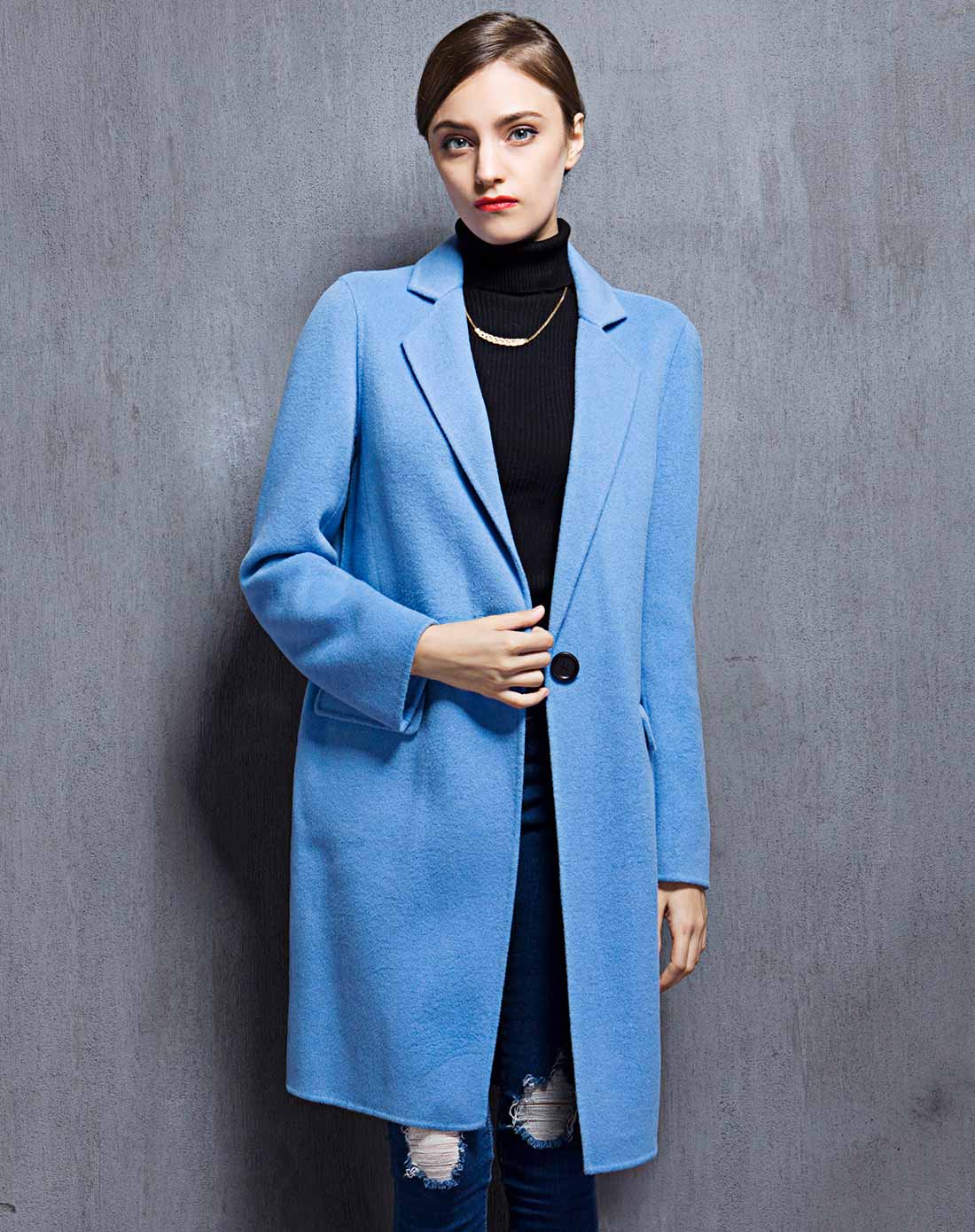 女款湖蓝色双面呢大衣