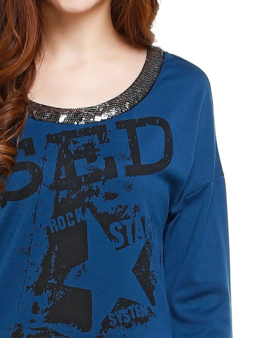 深蓝色亮片优雅长袖针织连衣裙